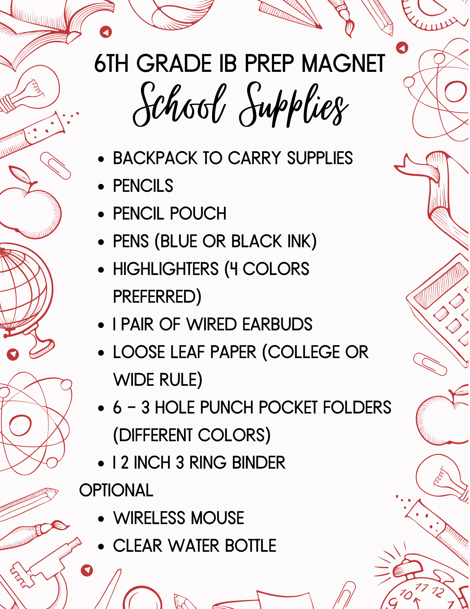 6th grade magnet school supplies