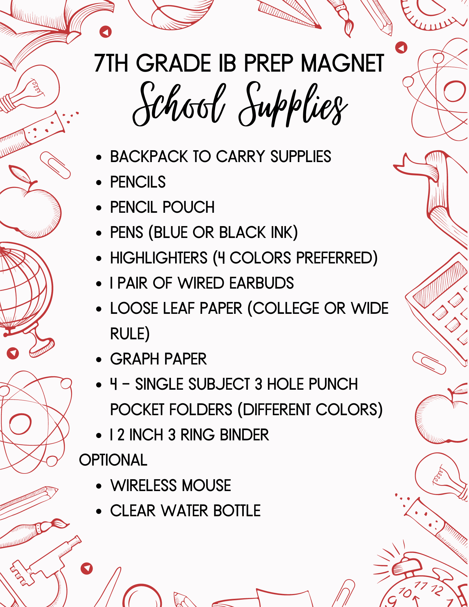 7th grade IB Prep magnet supply list
