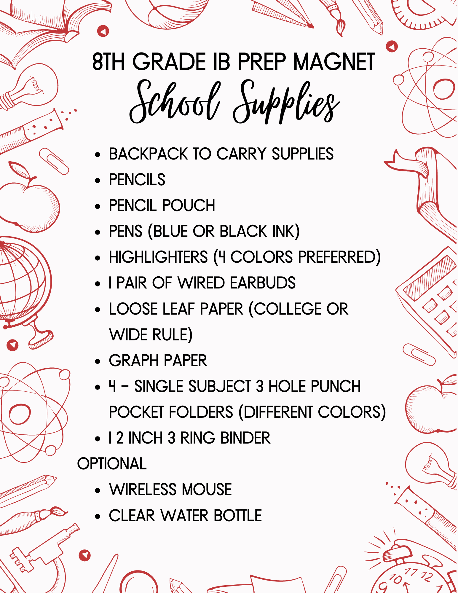 8th grade IB Prep magnet supply list 