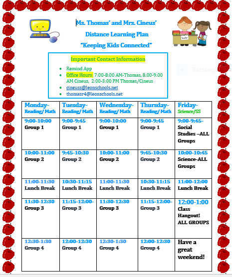 Distant Learning Schedule Distant Learning Schedule